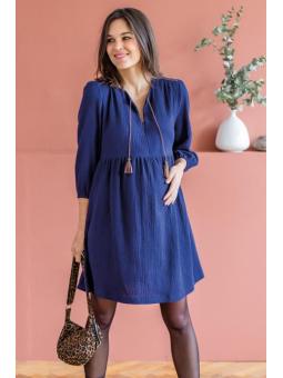 Robe de Grossesse et d'Allaitement Suzie en Gaze de Coton Marine