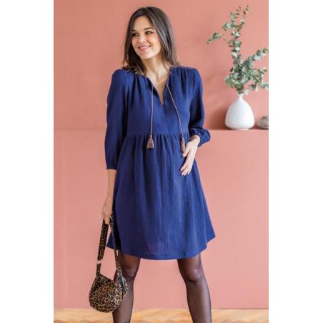 Robe de Grossesse et d'Allaitement Suzie en Gaze de Coton Marine