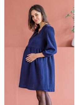 Robe de Grossesse et d'Allaitement Suzie en Gaze de Coton Marine