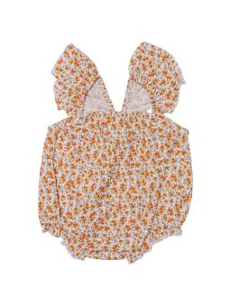 Barboteuse fille en gaze de coton – Imprimé liberty et bretelles volantées