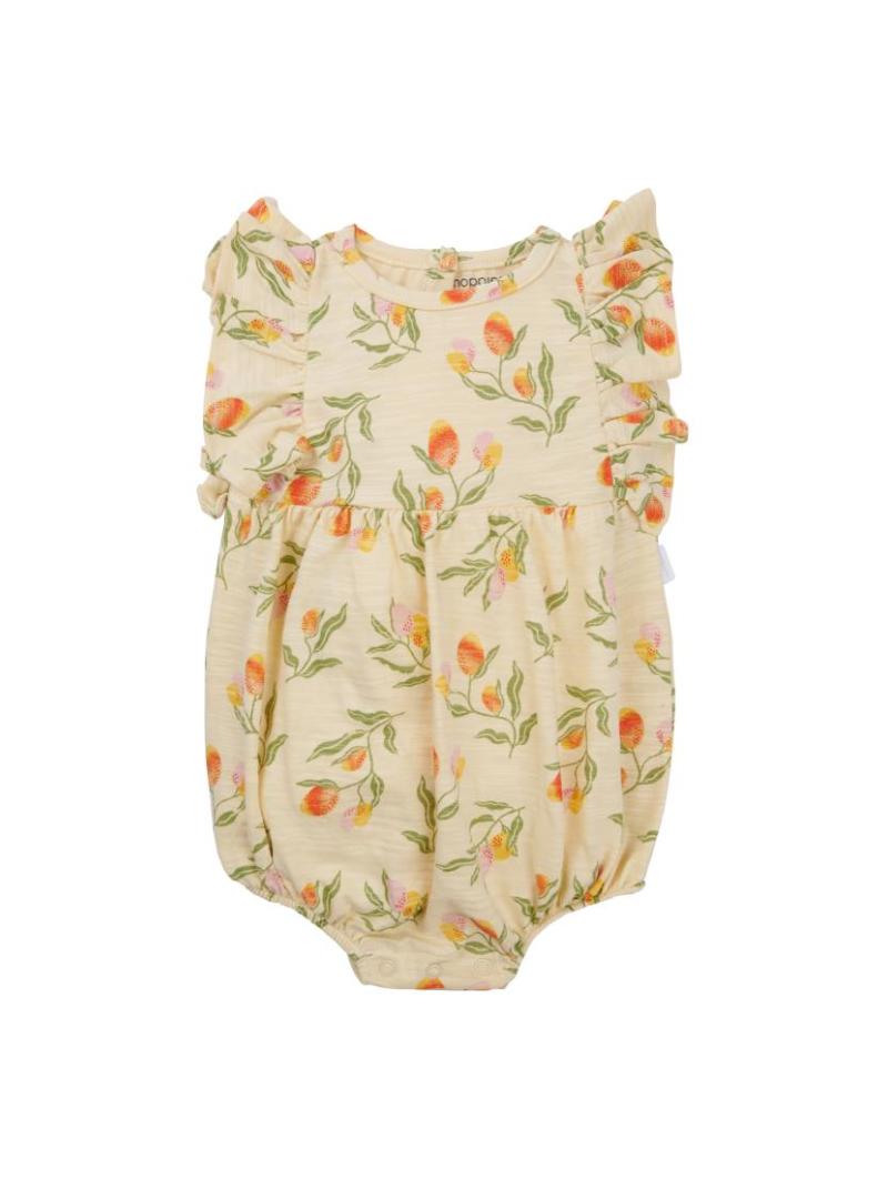 Barboteuse bébé fille en coton bio – Imprimé fruits sur fond jaune