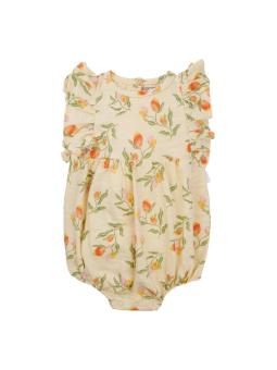 Barboteuse bébé fille en coton bio – Imprimé fruits sur fond jaune