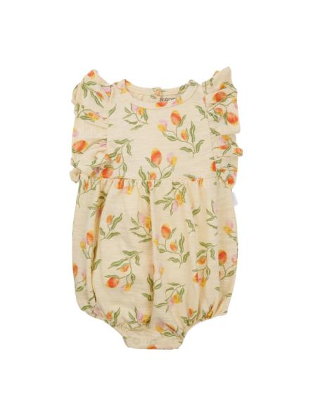 Barboteuse bébé fille en coton bio – Imprimé fruits sur fond jaune Barboteuse bébé fille en coton bio – Imprimé fruits sur fond jaune