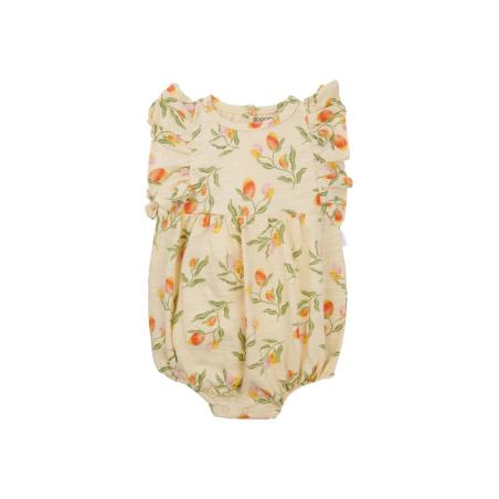 Barboteuse bébé fille en coton bio – Imprimé fruits sur fond jaune