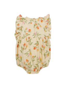 Barboteuse bébé fille en coton bio – Imprimé fruits sur fond jaune