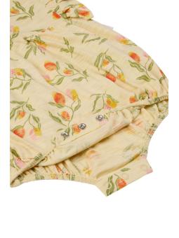 Barboteuse bébé fille en coton bio – Imprimé fruits sur fond jaune