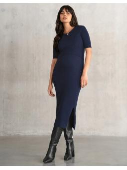 Robe de maternité et d’allaitement en maille côtelée bleu marine Amaya 