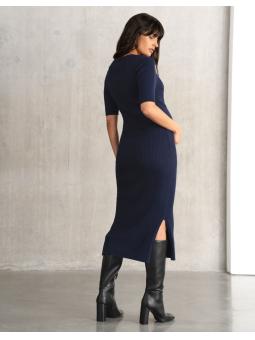 Robe de maternité et d’allaitement en maille côtelée bleu marine Amaya 