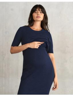 Robe de maternité et d’allaitement en maille côtelée bleu marine Amaya 