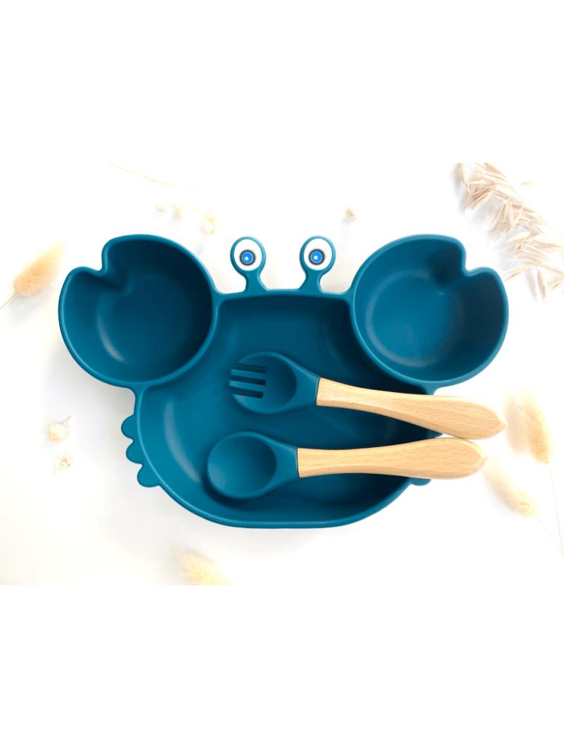 Set Repas Crabe Bébé – Assiette Ventouse & Couverts Doux pour Mains Autonomes