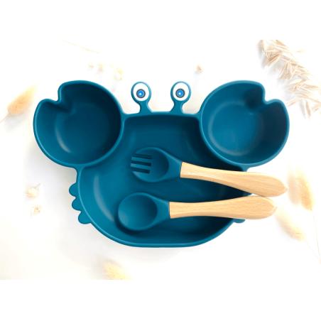 Set Repas Crabe Bébé – Assiette Ventouse & Couverts Doux pour Mains Autonomes