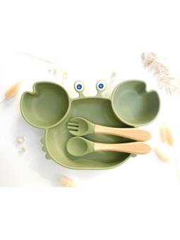 Set Repas Crabe Bébé – Assiette Ventouse & Couverts Doux pour Mains Autonomes
