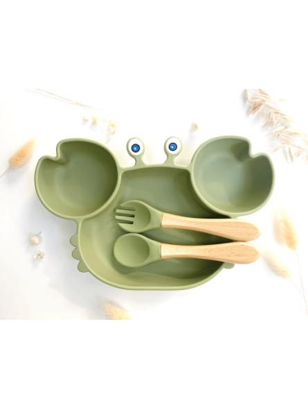 Set Repas Crabe Bébé – Assiette Ventouse & Couverts Doux pour Mains Autonomes