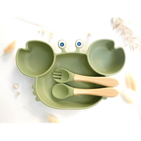 Set Repas Crabe Bébé – Assiette Ventouse & Couverts Doux pour Mains Autonomes