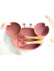 Set Repas Crabe Bébé – Assiette Ventouse & Couverts Doux pour Mains Autonomes