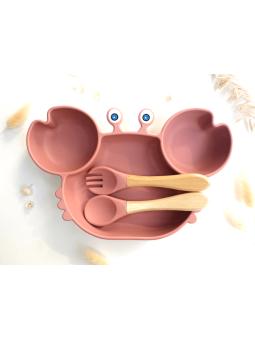 Set Repas Crabe Bébé – Assiette Ventouse & Couverts Doux pour Mains Autonomes