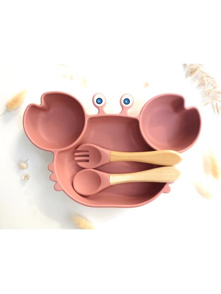 Set Repas Crabe Bébé – Assiette Ventouse & Couverts Doux pour Mains Autonomes