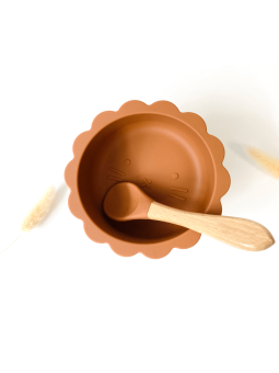 Bol bébé lion en silicone avec cuillère ocre