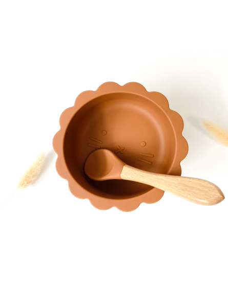 Bol bébé lion en silicone avec cuillère ocre
