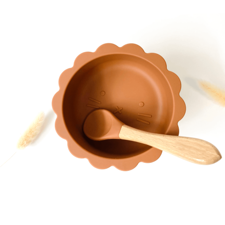 Bol bébé lion en silicone avec cuillère ocre