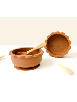 Bol bébé lion en silicone avec cuillère ocre