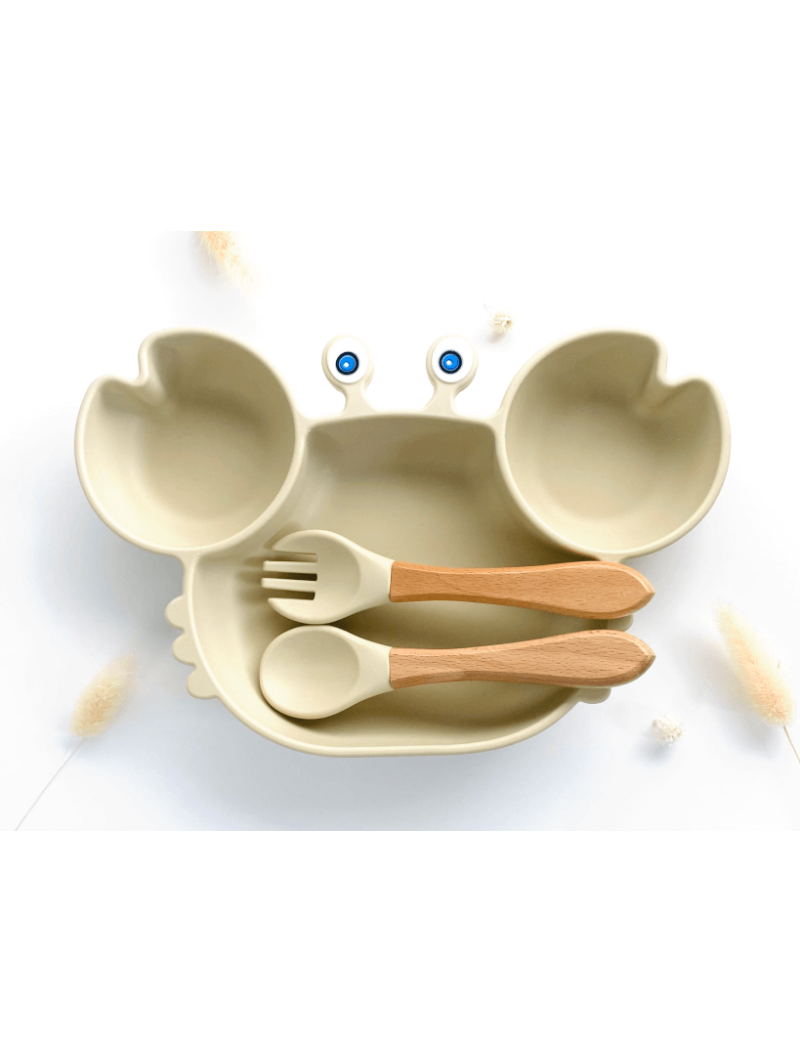 Set Repas Crabe Bébé – Assiette Ventouse & Couverts Doux pour Mains Autonomes