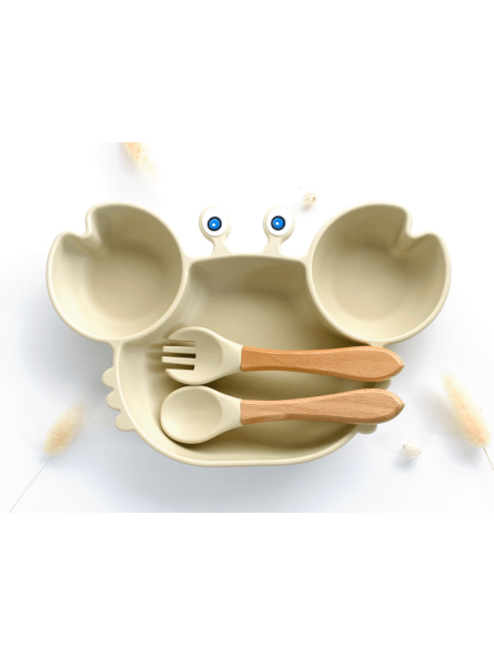 Set Repas Crabe Bébé – Assiette Ventouse & Couverts Doux pour Mains Autonomes