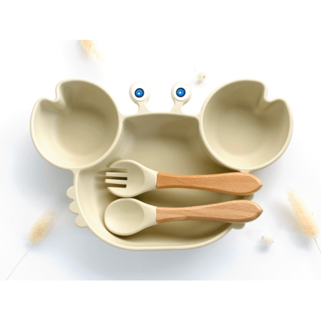 Set Repas Crabe Bébé – Assiette Ventouse & Couverts Doux pour Mains Autonomes