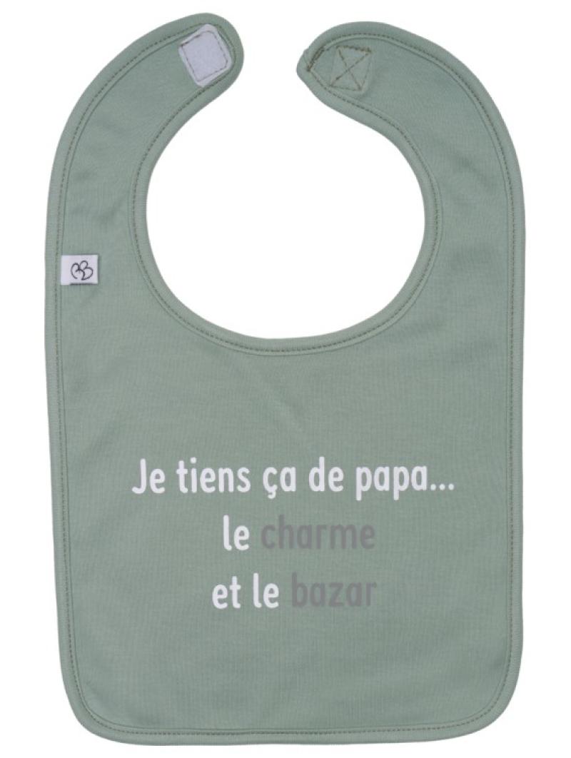 Bavoir en coton "Je tiens ça de papa" - Vert de gris