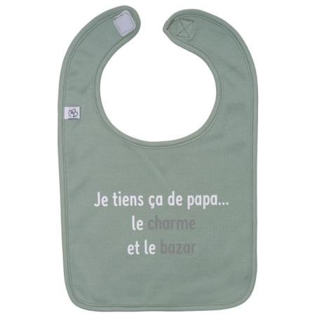 Bavoir en coton "Je tiens ça de papa" - Vert de gris
