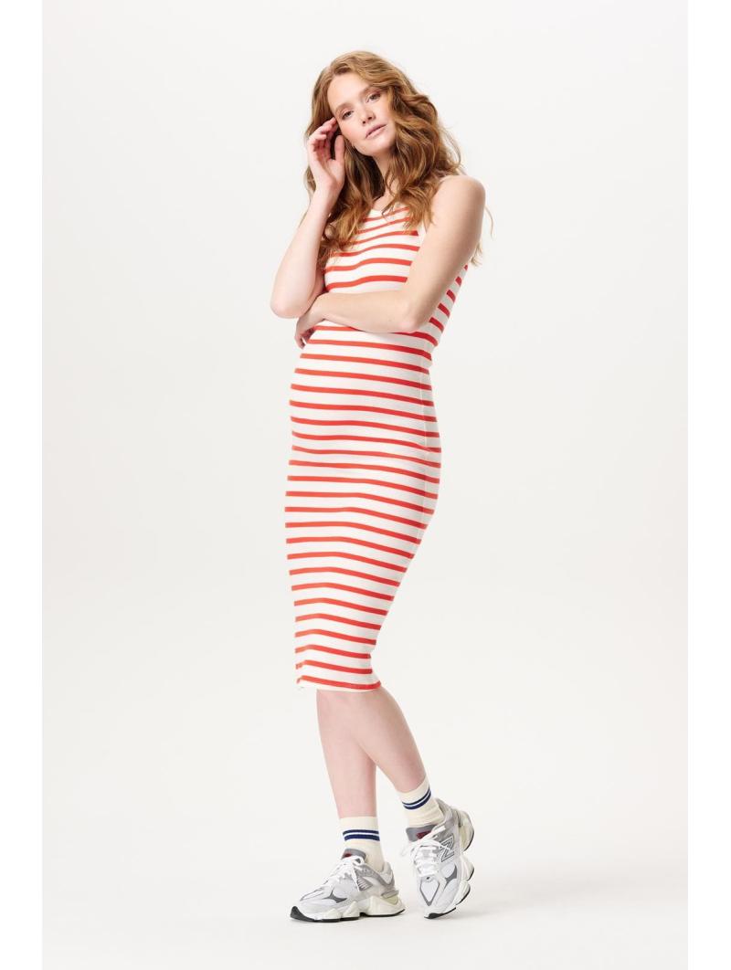 Robe Moulante de Grossesse Rayée - Orange & Blanc