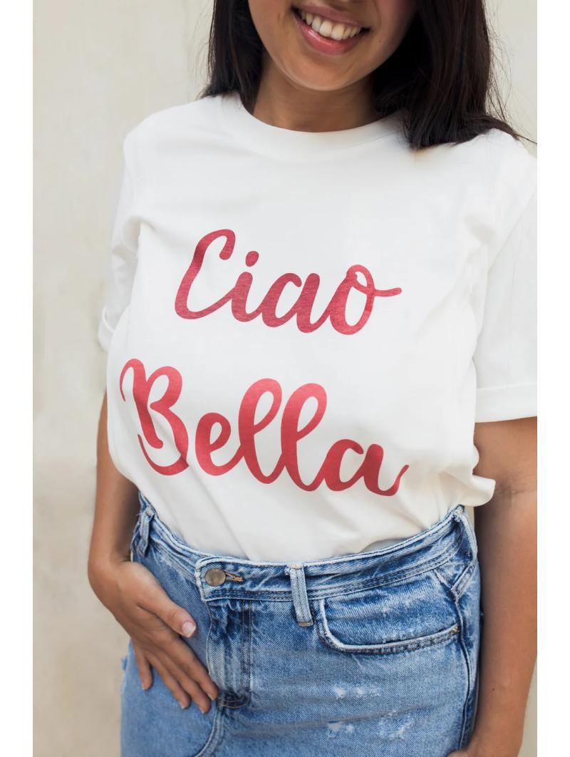T-shirt d'allaitement Ciao Bella – Blanc et terracotta pour une maman rayonnante