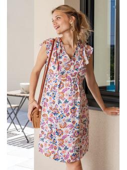Robe de Grossesse & Allaitement "Flo Maya" - Éclat Floral & Lurex Rose