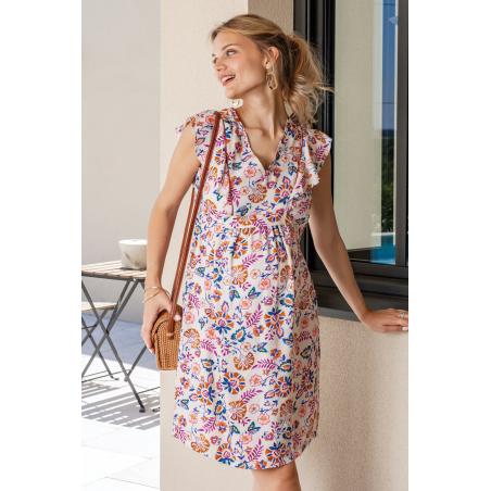Robe de Grossesse & Allaitement "Flo Maya" - Éclat Floral & Lurex Rose
