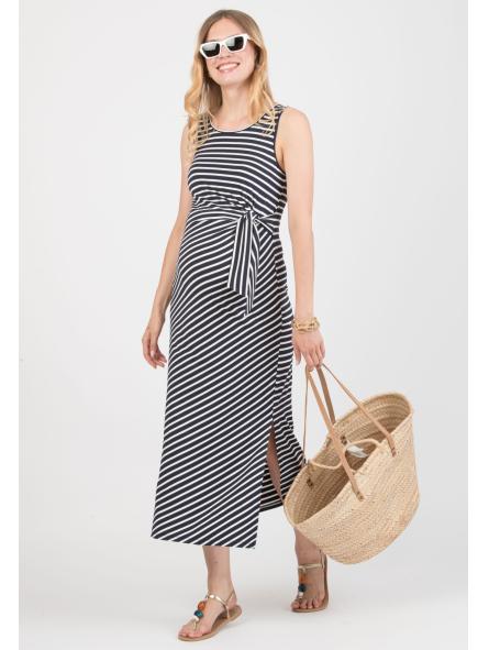Robe maternité rayée Attesa – Coupe féminine avec nœud côté bleu ou vert