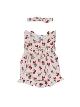 Barboteuse bébé fleurie gaze de coton avec bandeau assorti