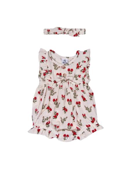 Barboteuse bébé fleurie gaze de coton avec bandeau assorti