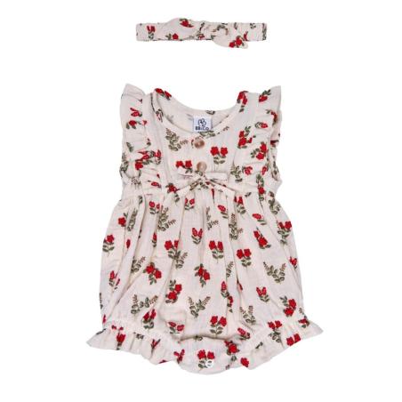 Barboteuse bébé fleurie gaze de coton avec bandeau assorti