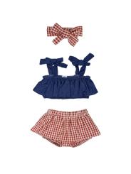 Ensemble b&eacute;b&eacute; fille gaze de coton bleu & vichy avec bandeau
