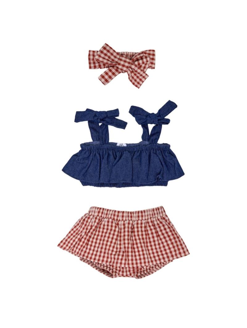 Ensemble bébé fille gaze de coton bleu & vichy avec bandeau