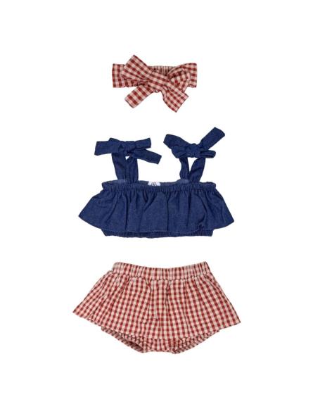 Ensemble bébé fille gaze de coton bleu & vichy avec bandeau