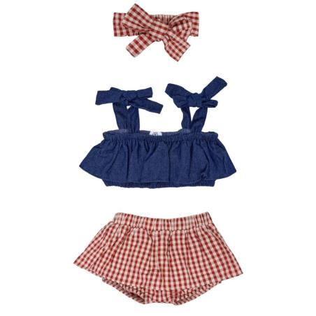 Ensemble bébé fille gaze de coton bleu & vichy avec bandeau