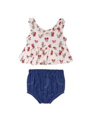 Ensemble b&eacute;b&eacute; blouse fleurie gaze de coton & short bleu effet jean
