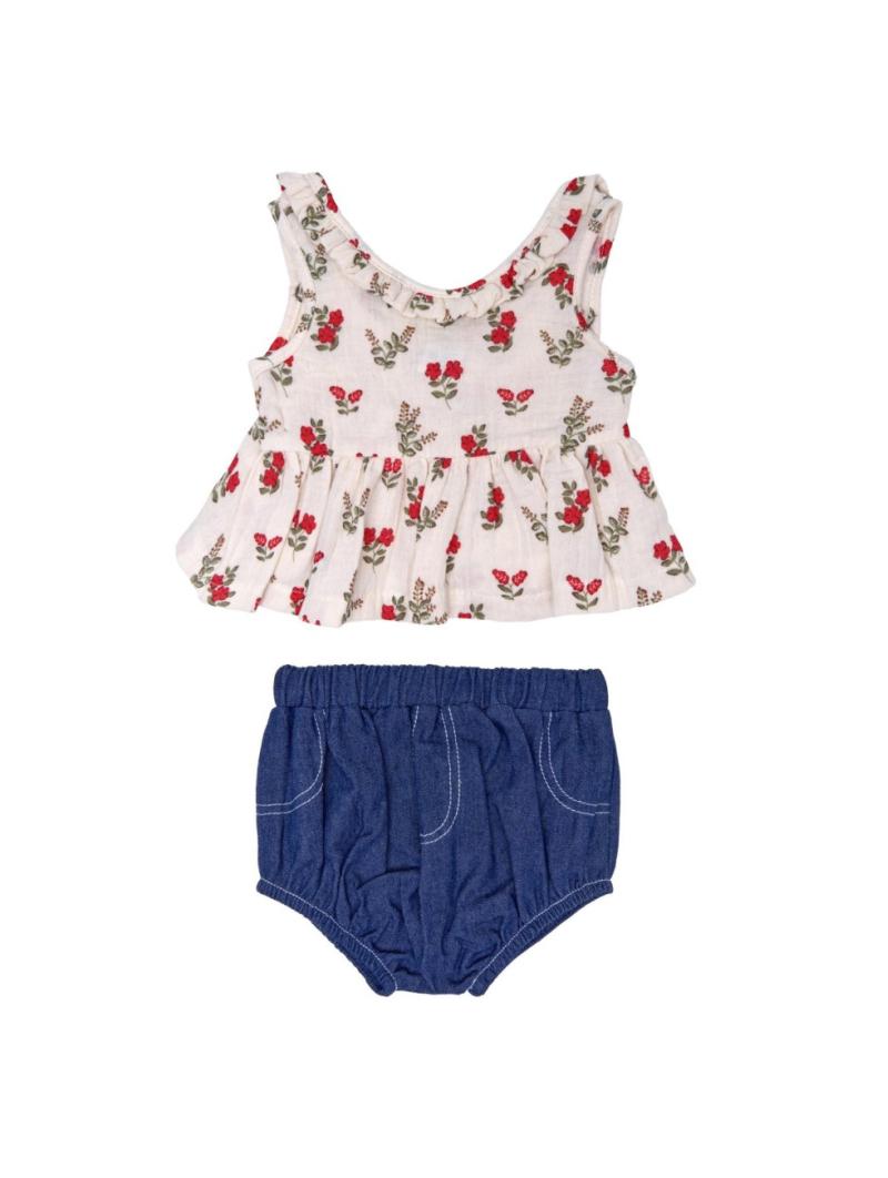 Ensemble bébé blouse fleurie gaze de coton & short bleu effet jean