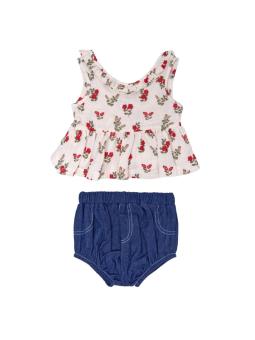 Ensemble bébé blouse fleurie gaze de coton & short bleu effet jean