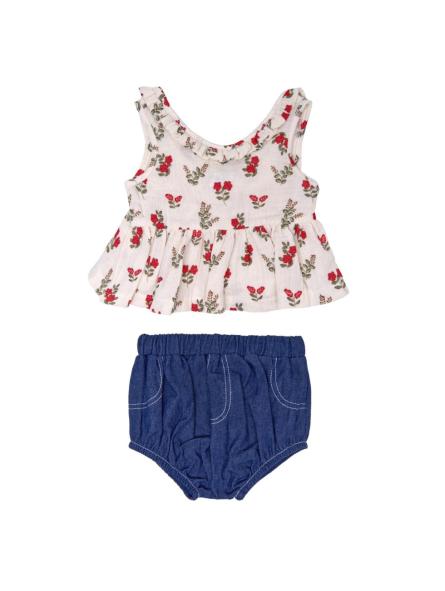 Ensemble bébé blouse fleurie gaze de coton & short bleu effet jean