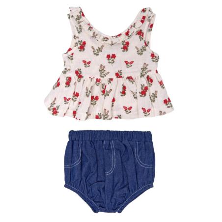 Ensemble bébé blouse fleurie gaze de coton & short bleu effet jean
