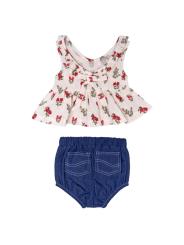 Ensemble b&eacute;b&eacute; blouse fleurie gaze de coton & short bleu effet jean