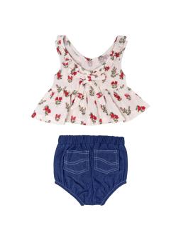Ensemble bébé blouse fleurie gaze de coton & short bleu effet jean