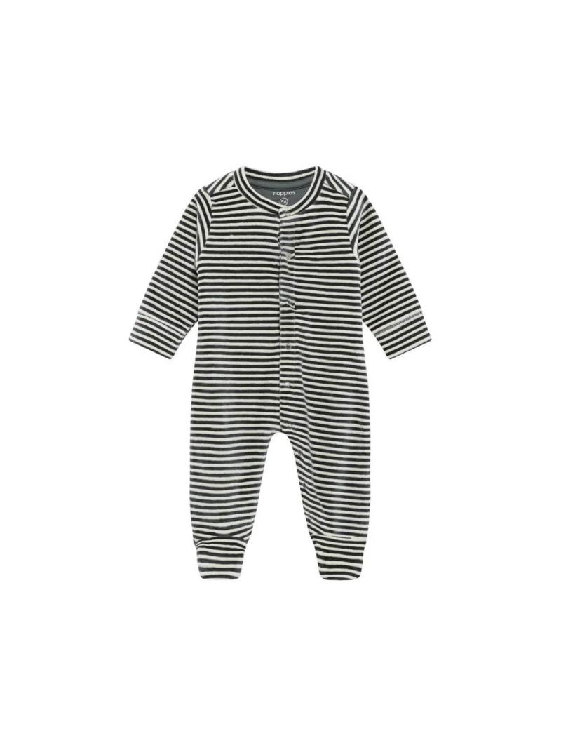 Pyjama Bébé en Velours avec Pieds – Fines Rayures Vertes et Blanches en Coton Bio